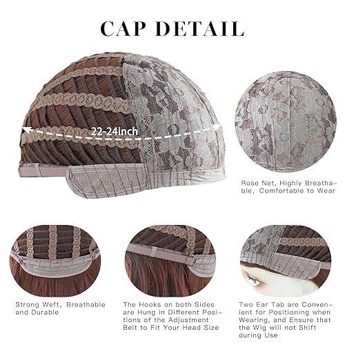 Miniatura 5 de PARK YUN Pelucas largas y onduladas de color marrón rojizo con flequillo, de 28 pulgadas, con raya lateral, cortina con flequillo, resistente al