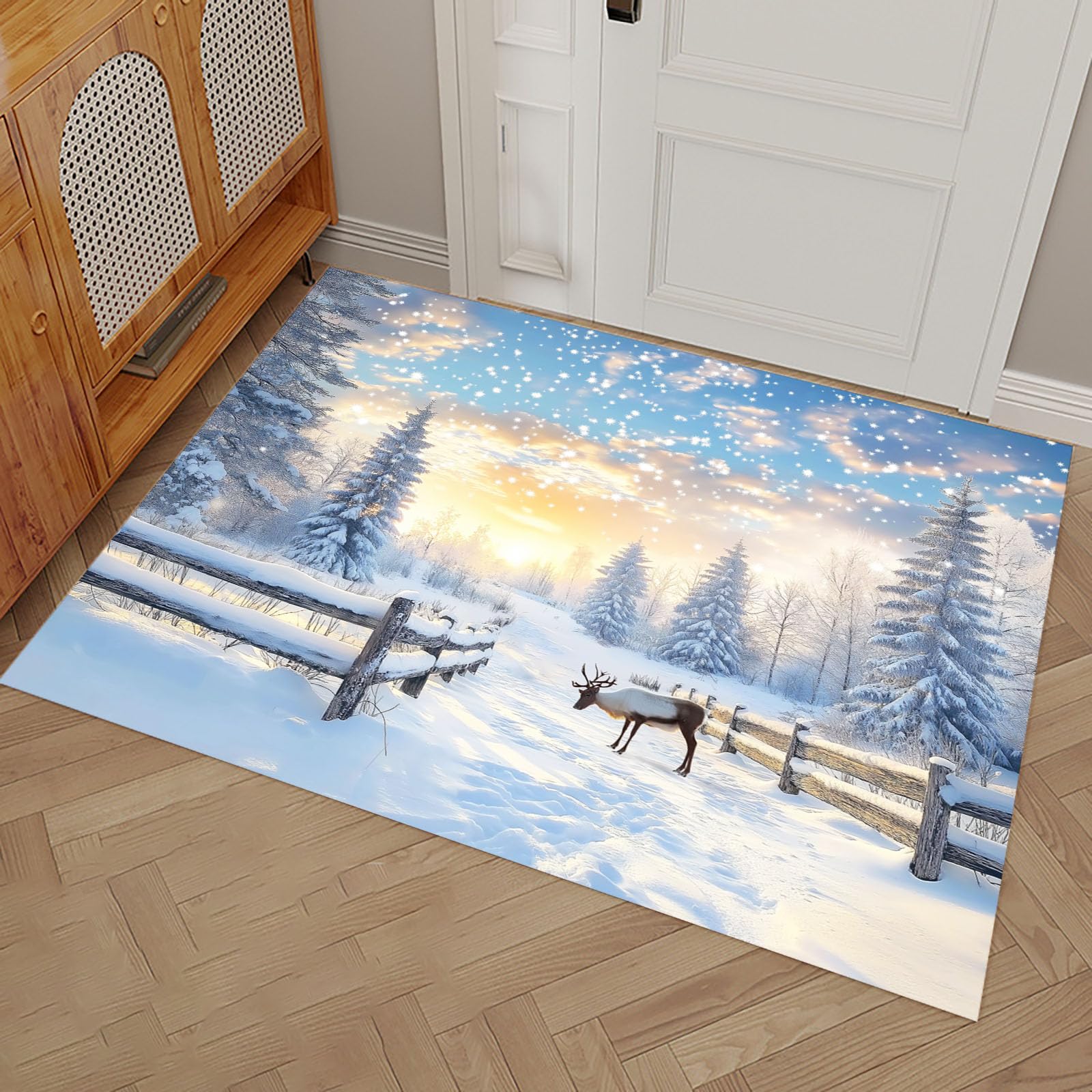 Felpudo Entrada Casa 90x150cm Alfombrilla Antideslizante Renos del Bosque, Alfombra Absorbente País De Las Maravillas Invernal para Puerta Interior y Exterior, Pasillo, Oficina - Azul Claro
