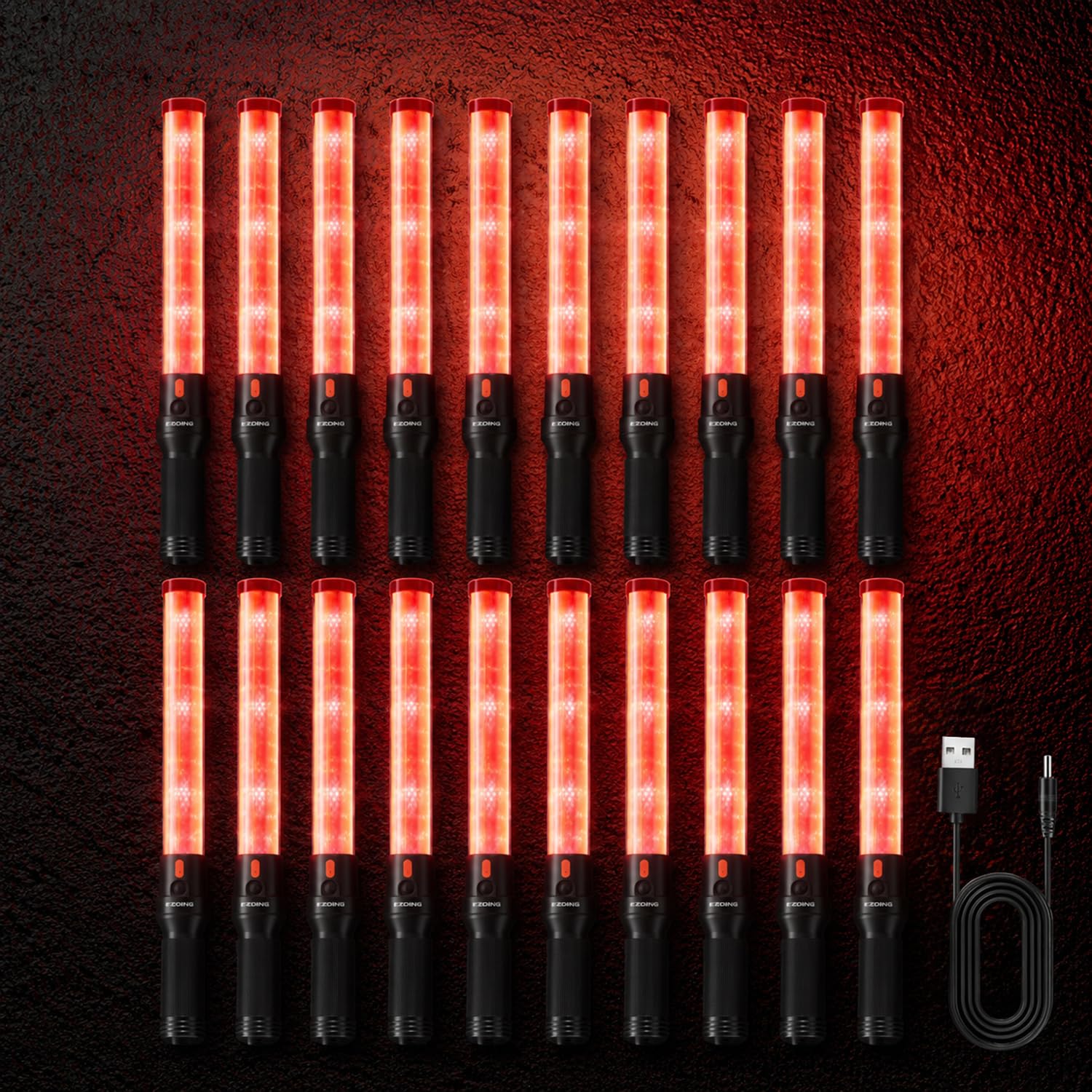 E-riding 20 Pack 16 Inch Rechargeable Traffic Wand, Red Traffic Control Baton with 2 Flashing Modes, LED Safety Light Wand, Air Marshaling Wand for Airport, Parking, Car Directing