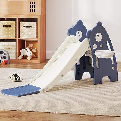 Juego de toboganes para niños pequeños, independiente con pendiente larga, aro de baloncesto y bola, juguete de patio de juegos para interiores y