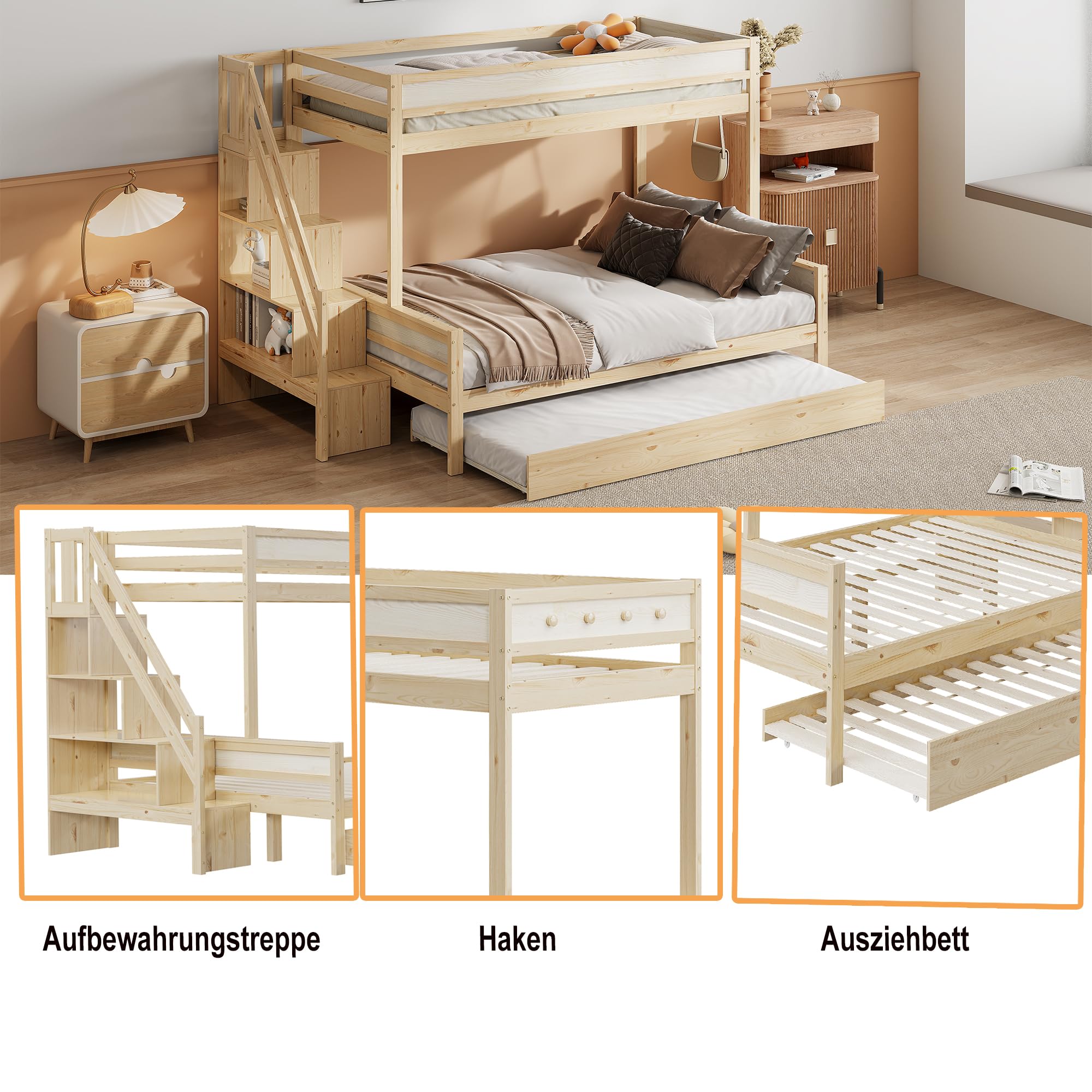 Stapelbed 90x200cm - met veiligheidstrap - met 1 lade - met lattenbodem - natuur (zonder matras