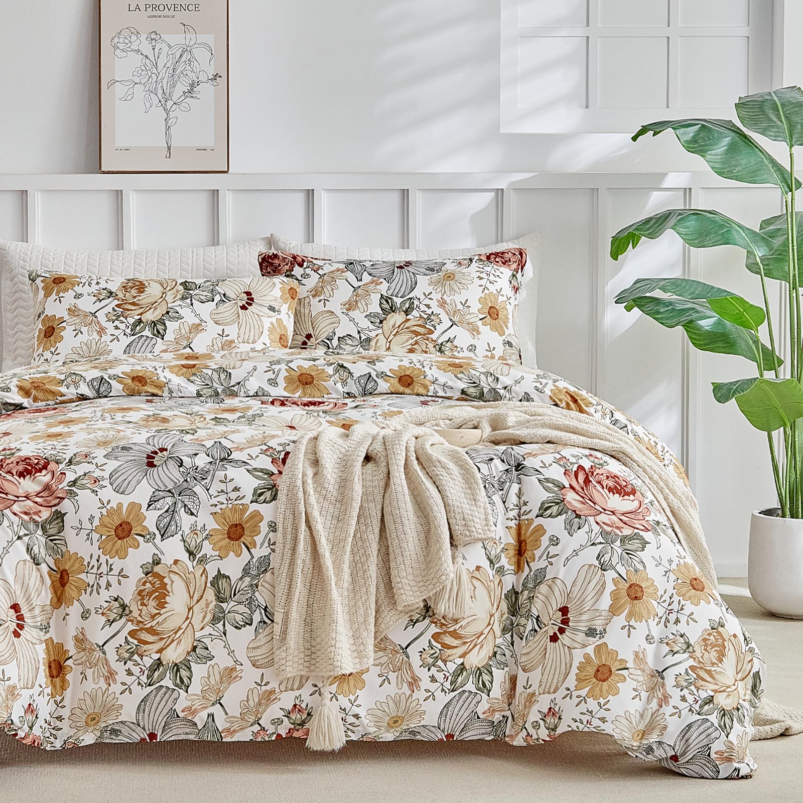 Lekesky Double Duvet Cover Set 260 x 240 cm, 3-Piece Microfibre Duvet Cover with Watercolour Pattern, Including 1 Duvet Cover 260 x 240 cm + 2 Pillowcases 50 x 80 cm, Multi-Coloured Flowers โ image 1