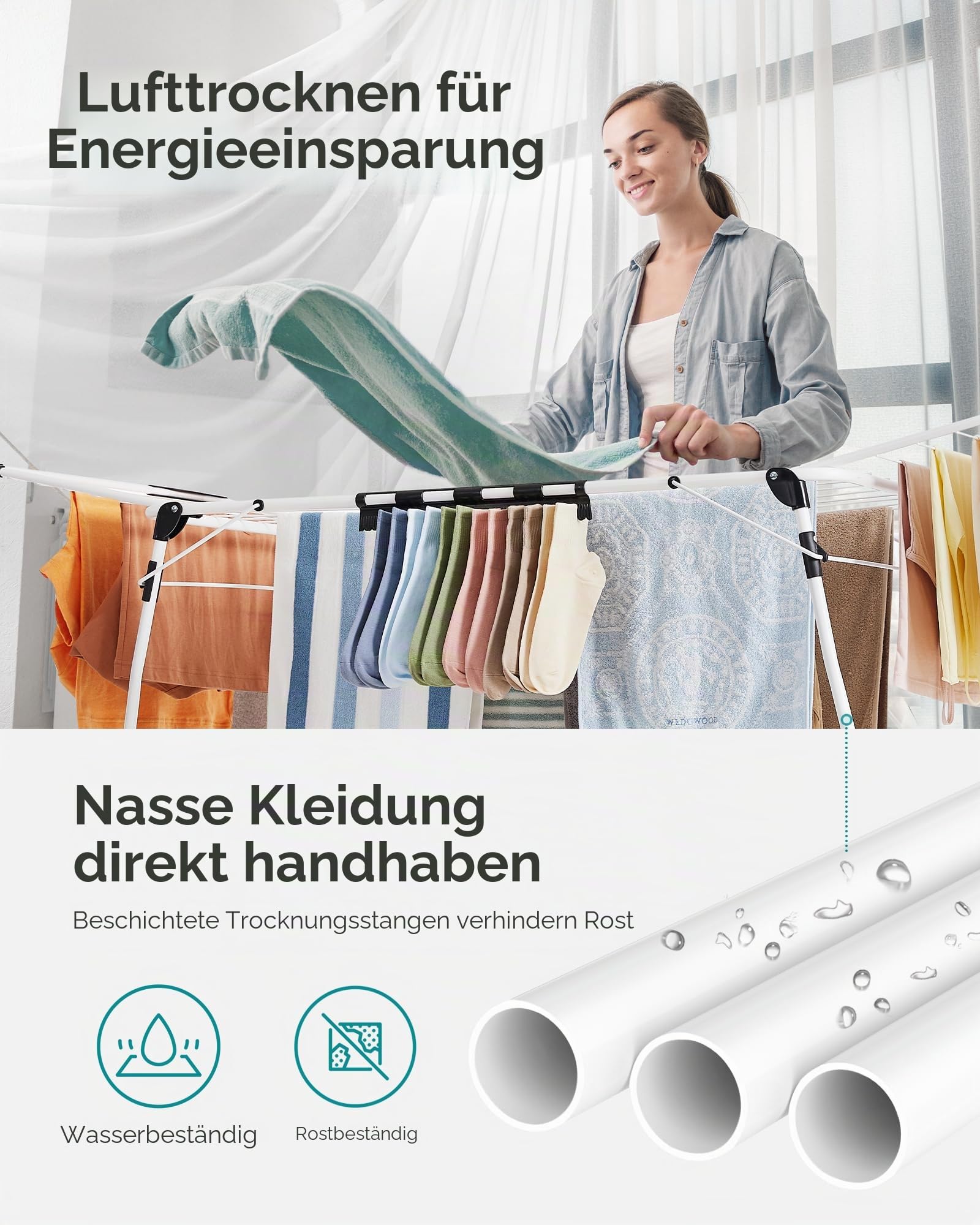 SONGMICS Wäscheständer, 22,2 x 68,1 x 38 Zoll, Wäscheständer, faltbar, platzsparend, mit Flügeltüren, Sockenklammern, Metallstruktur, für Kleidung, Handtücher, Bettwäsche, weiß ULLR518W01
