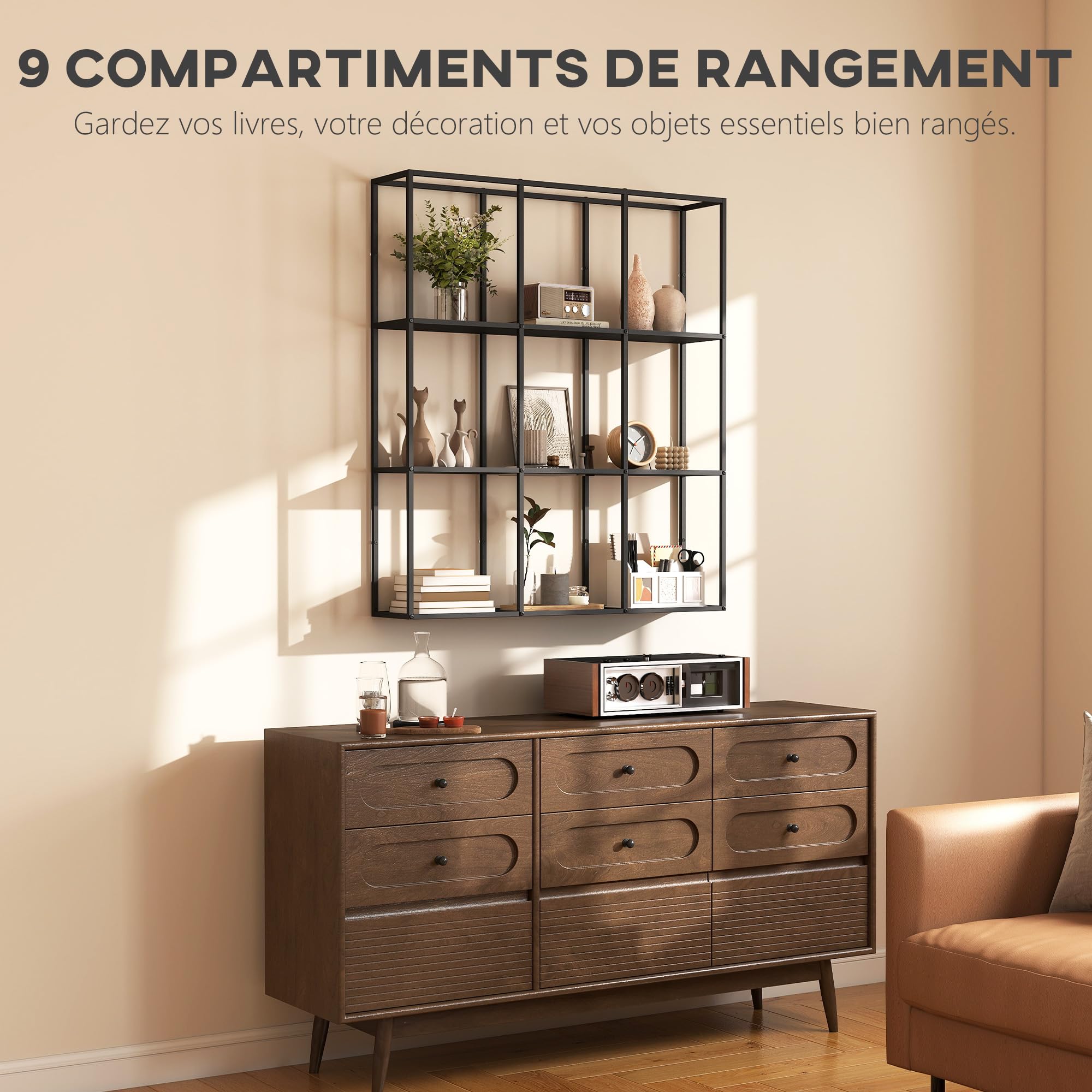 HOMCOM Estante de Pared Industrial 9 Compartimentos 87,5x18x100 cm Negro | Estante de metal, librería modular, estante decorativo, sala de estar, dormitorio, oficina.