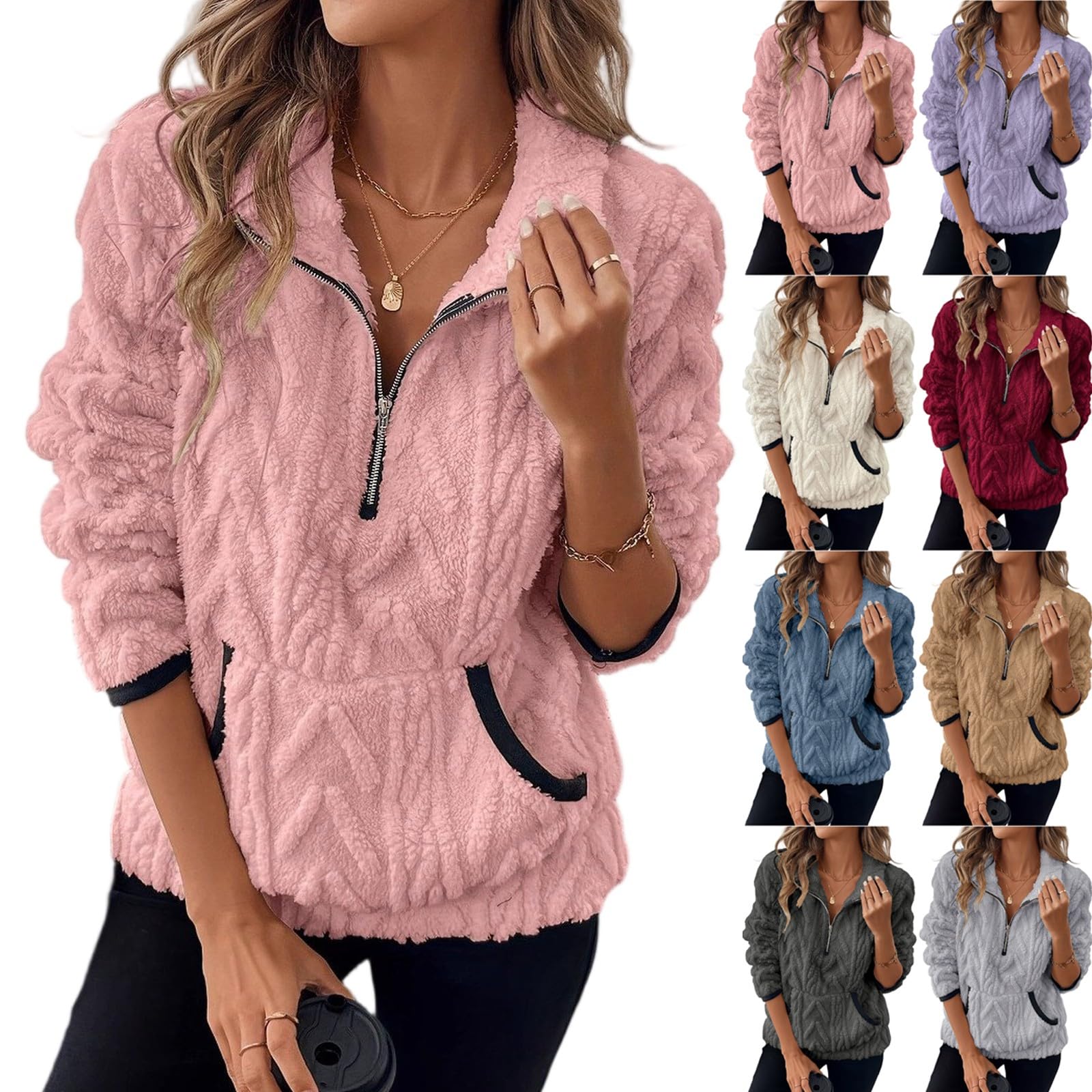Half Zip Pullover Women Cable Knit Fuzzy Fleece Sweater Oversized Sherpa Sweater Fleece Quarter Zip Tops with Pocket