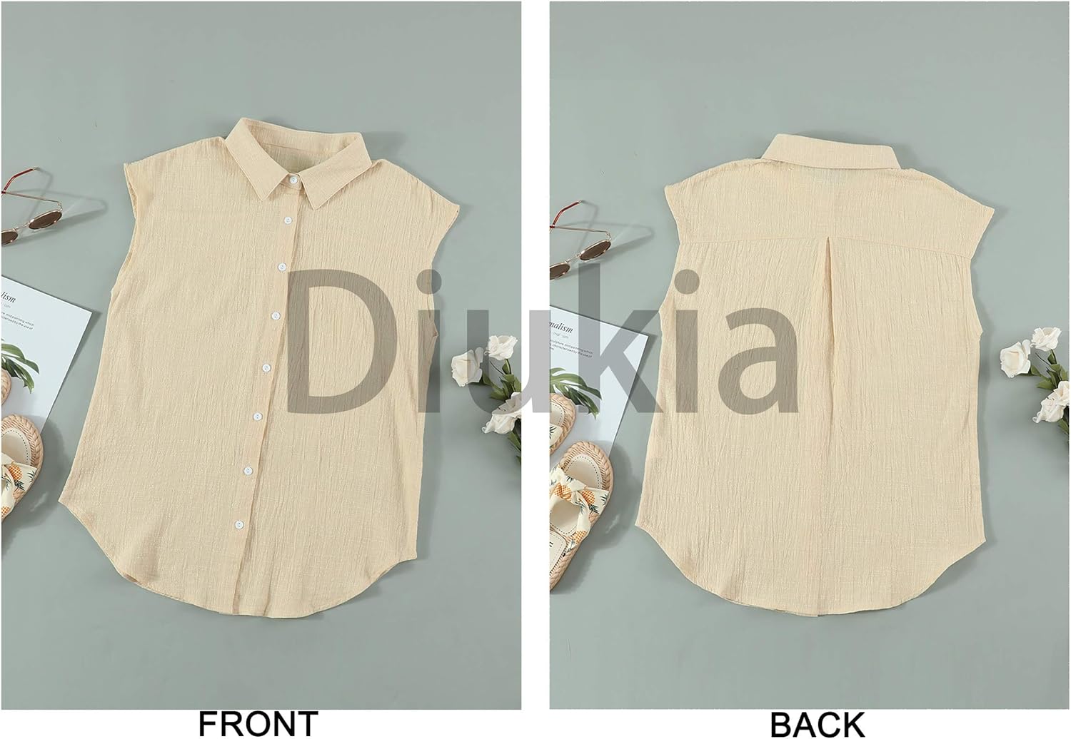 Diukia Women's Summer Cute Ruffle Cap Sleeve Blouse Shirts Casual Button Down V Neck Blouses Tops - Image 4