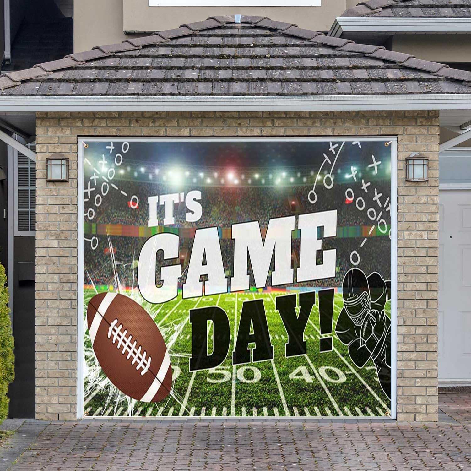 Football Garage Door Cover Banner Decorations, Football Field Themed Outdoor Extra Large Car Garage Door Murals Buddy Decorations 16 X 7 Ft