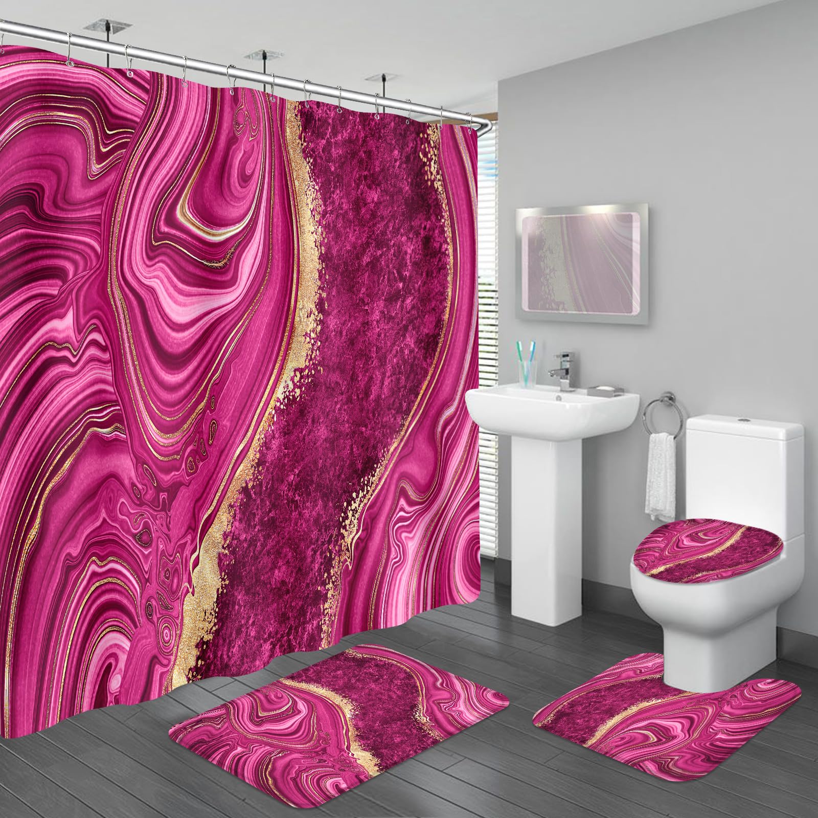 4PCS Pink Gold Marble Shower Curtain Sets with Rugs, Abstract Bathroom Sets with Shower Curtain and Rugs, Modern Bathroom Curtains Shower Set with Toilet Lid Cover Accessories