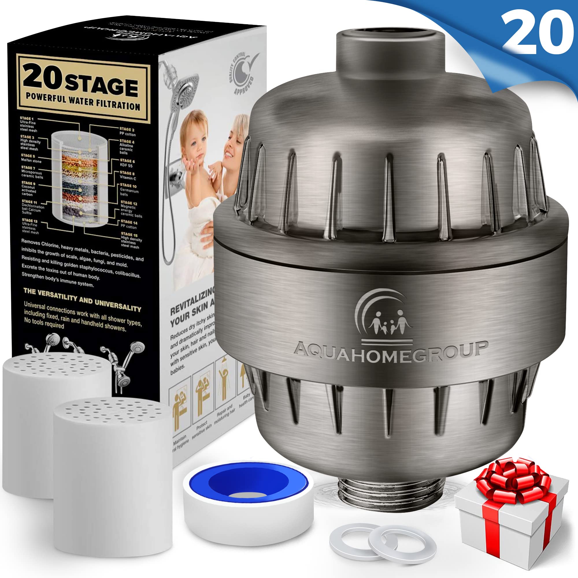 AquaHomeGroup - Filtro de cabezal de ducha de 20 etapas con vitaminas C, E y A para agua dura, filtro de alta salida para eliminar el cloro y el fluoruro, 2 cartuchos de repuesto, filtro de cabezal de | Filtro de ducha de 20 etapas, vitamina C y E, reduce