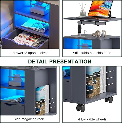 Miniatura 7 de HNEBC Mesita de noche LED con estación de carga inalámbrica, mesita de noche gris tiene mesa giratoria ajustable, mesitas de noche con un cajón y 2
