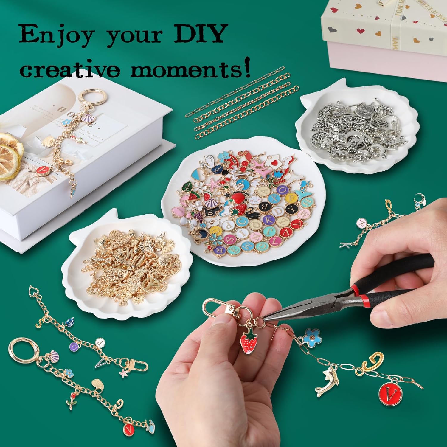 SUTROMA 776pcs Lip Gloss Charms Keychain Kit - Bag Charm Kit with 228 Charms 20 Keychain Clips 60 Extender Chains & Jewelry Plier - DIY Jewelry Making Supplies for Keychains