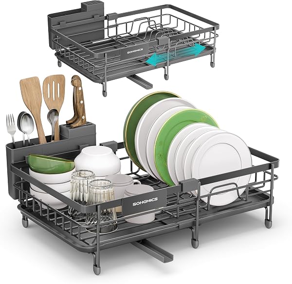 SONGMICS Escurreplatos para Espacios Reducidos, Escurridor de Platos de Cocina Extensible, Boquilla Extensible y Giratoria 360°, Acero, (30,2-46,5) x 29,6 x 14 cm, Gris Antracita KCS556GT01 - 1