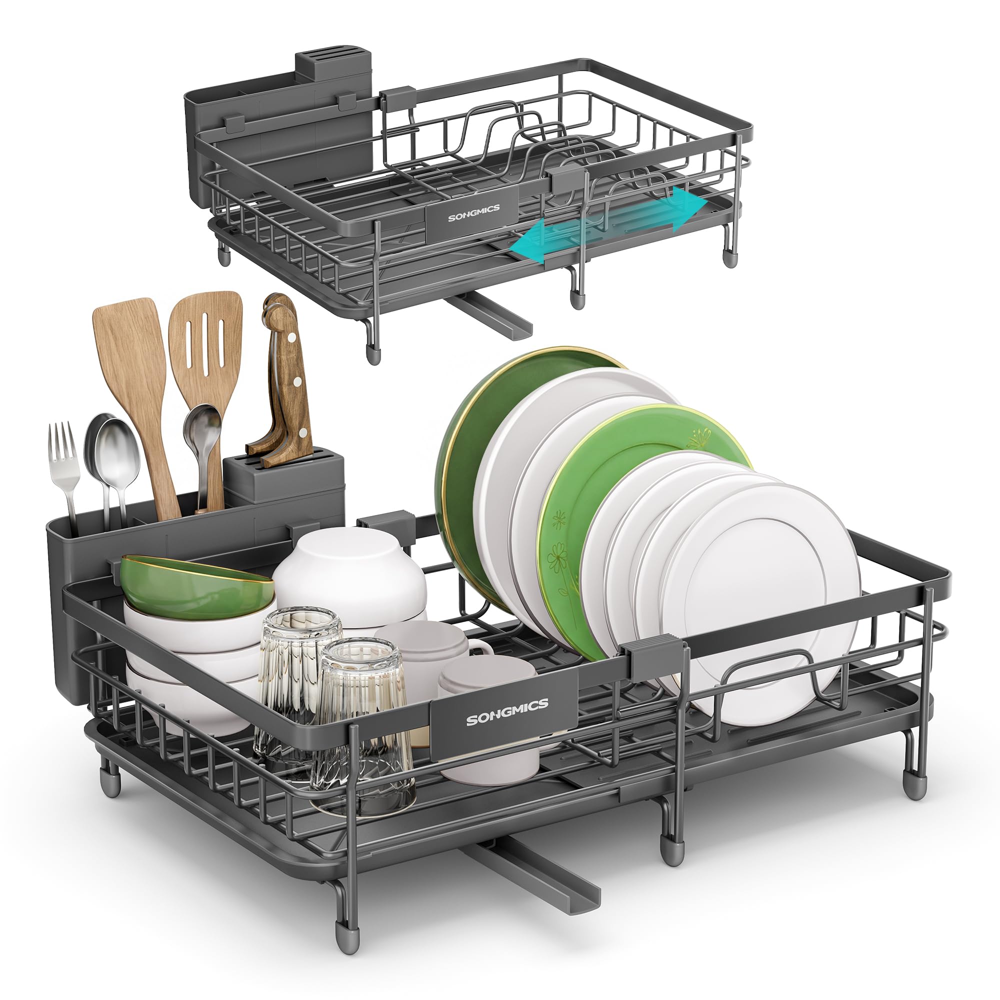 SONGMICS Dish Drainer Rack, Large Extendable Draining Board Rack for Small Spaces, 360° Rotating Extendable Spout, Kitchen Sink Drainer, Steel, 46.5 x 29.6 x 14 cm, Anthracite Grey KCS556GT01