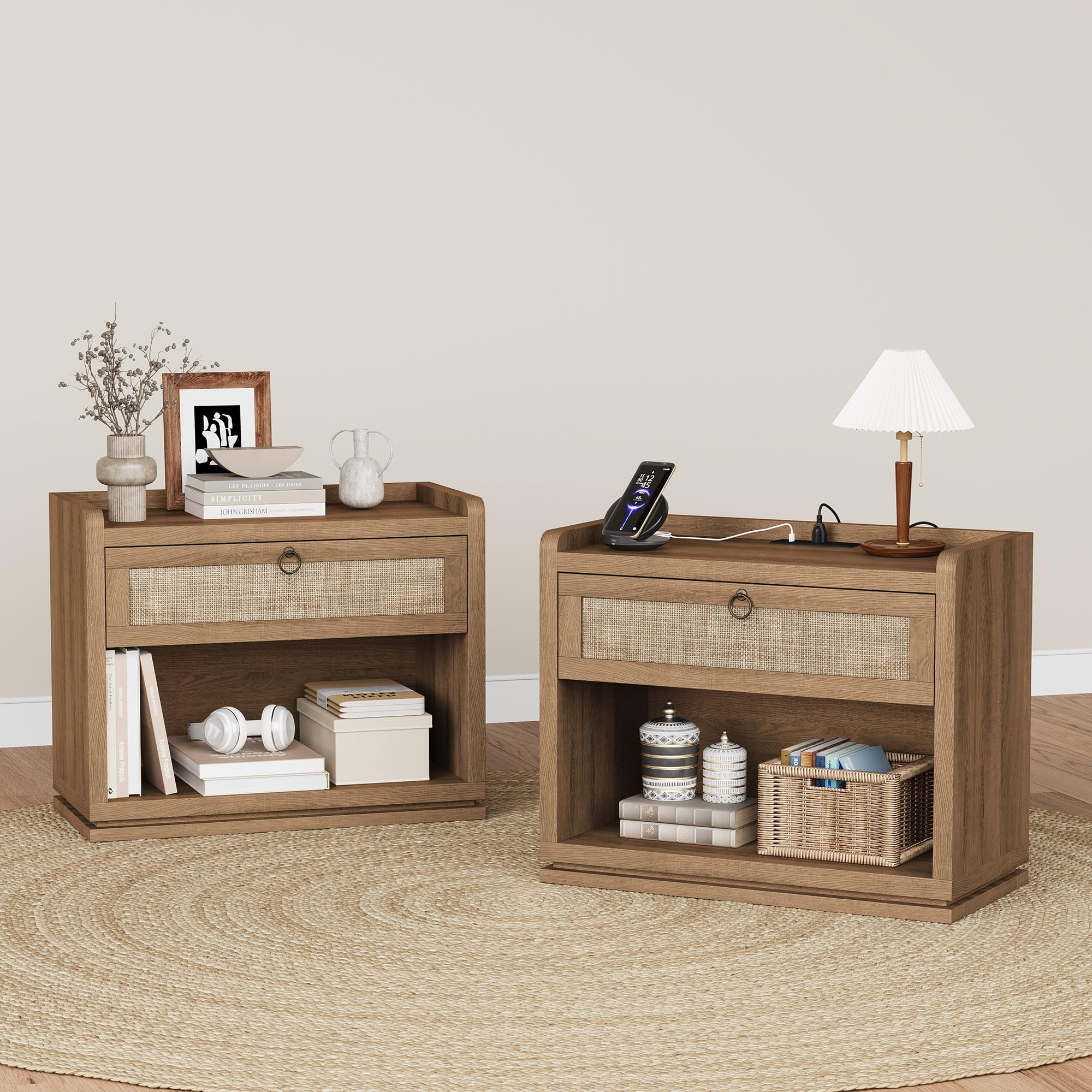 31" Wide Rattan Nightstand with Charging Station, End Side Table