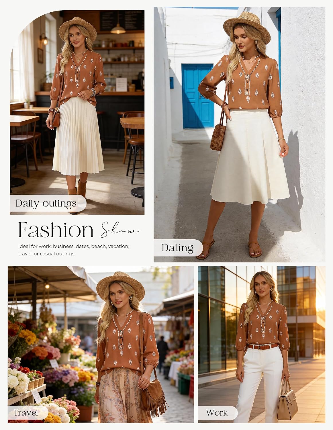 GRACE KARIN Boho Tops for Women Summer, Dressy Casual Floral Blouses, V Neck Button Up 3/4 Sleeve Shirts for Vacation