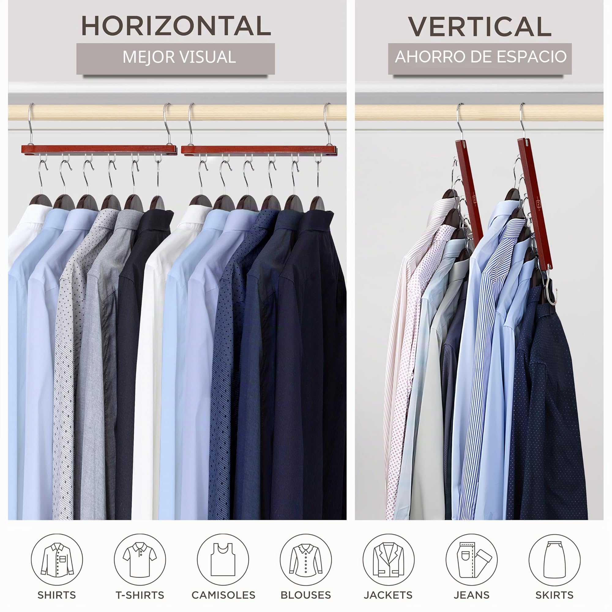 MORALVE Perchas Ahorradoras de Espacio para Armario – Paquete de 4 Organizador de Camisas de Madera de Haya Europea de 6 Niveles con Gancho Giratorio de 360° – Colgador de Ropa Plegable para