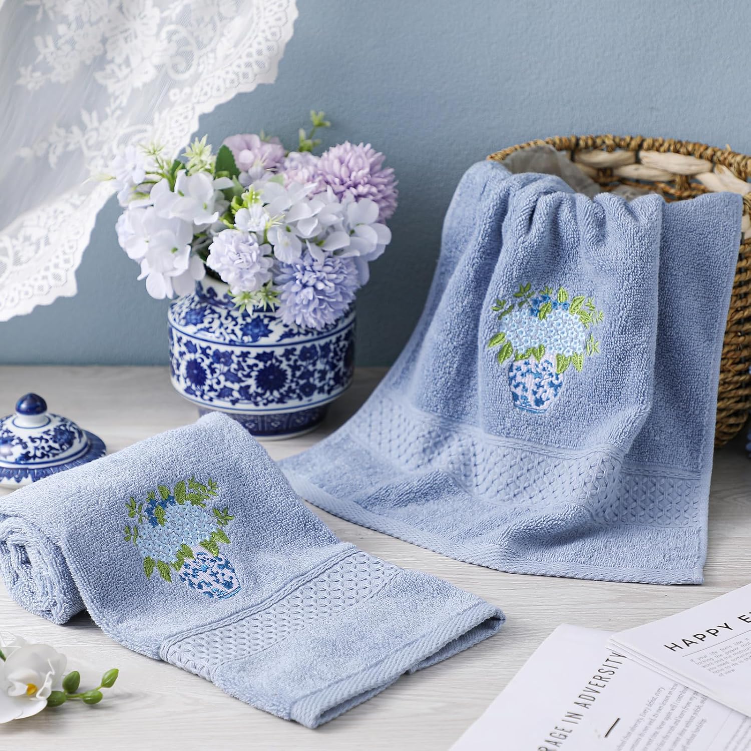 Frienda 2 Pcs Chinoiserie Vase Hydrangea Hand Towels Slate Blue Bathroom Decor 29.5x13.8 Inches Embroidered 100% Cotton Soft Absorbent Spring Summer Decorative Hand Towels for Bathroom Kitchen - Image 4