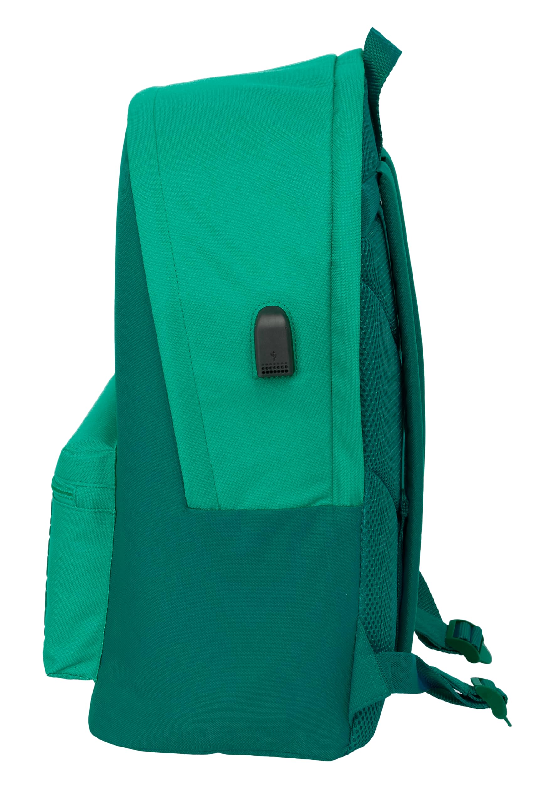 Safta REAL BETIS BALOMPIÉ - Plecak na laptopa 15,6" i USB, idealny dla młodzieży w różnym wieku, tkanina z recyklingu, wygodny i wszechstronny, jakość i wytrzymałość, 31 x 18 x 44 cm, Woda zielona, M
