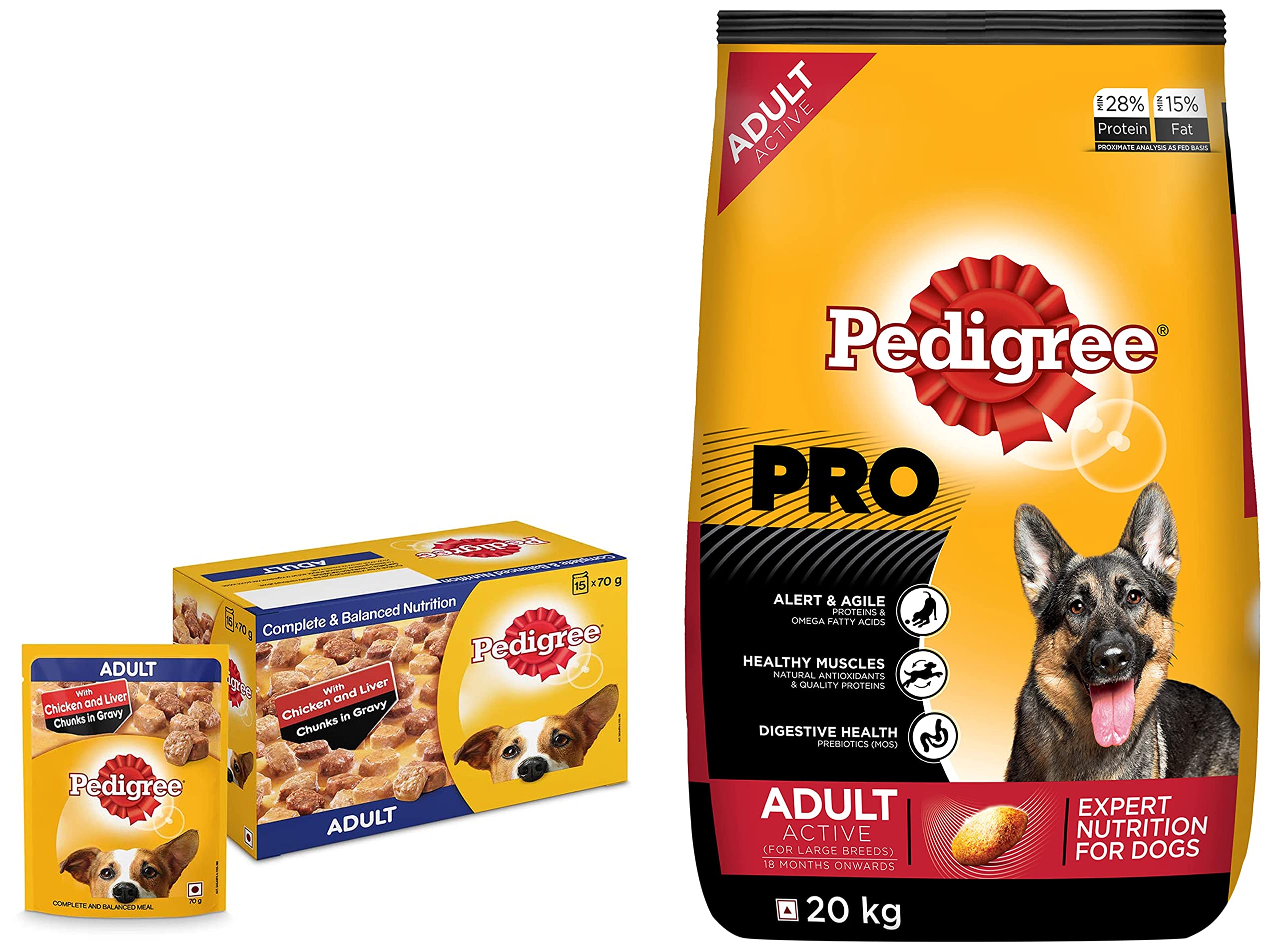 Pedigree Adult Wet Dog Food, Chicken & Liver Chunks in Gravy, 70 g (Pack of 15) & PRO Expert Nutrition Active Adult Large Breed Dog (18 Months Onwards) Dry Pellet Dog Food, Chicken, 20kg Pack (B09VPVTN68) Amazon Price History, Amazon Price Tracker