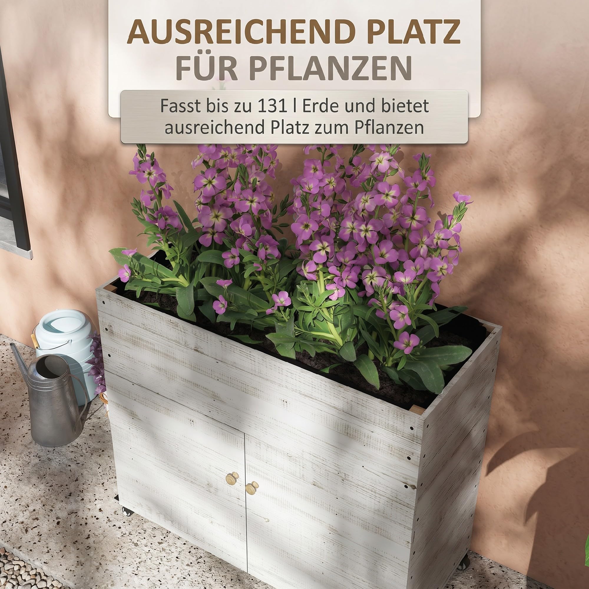 Outsunny Hochbeet aus Holz mit Schrankfach, Rollen, 110 x 50 x 95 cm, Weiß | Kräuterbeet, Pflanzkasten, Gartenschrank, Blumenkasten mit Vliesstoff, Balkon, Garten