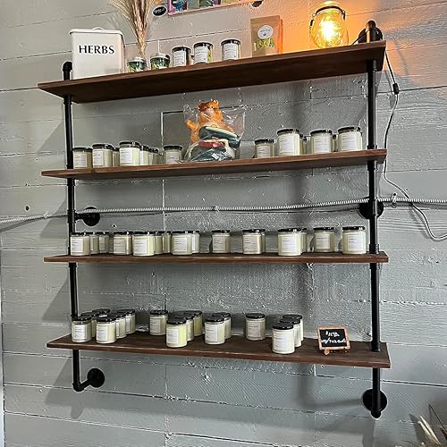 Estantes de tubería industriales, estantes de tubería industrial de madera real, estantes flotantes industriales con tablones de madera, estantes de