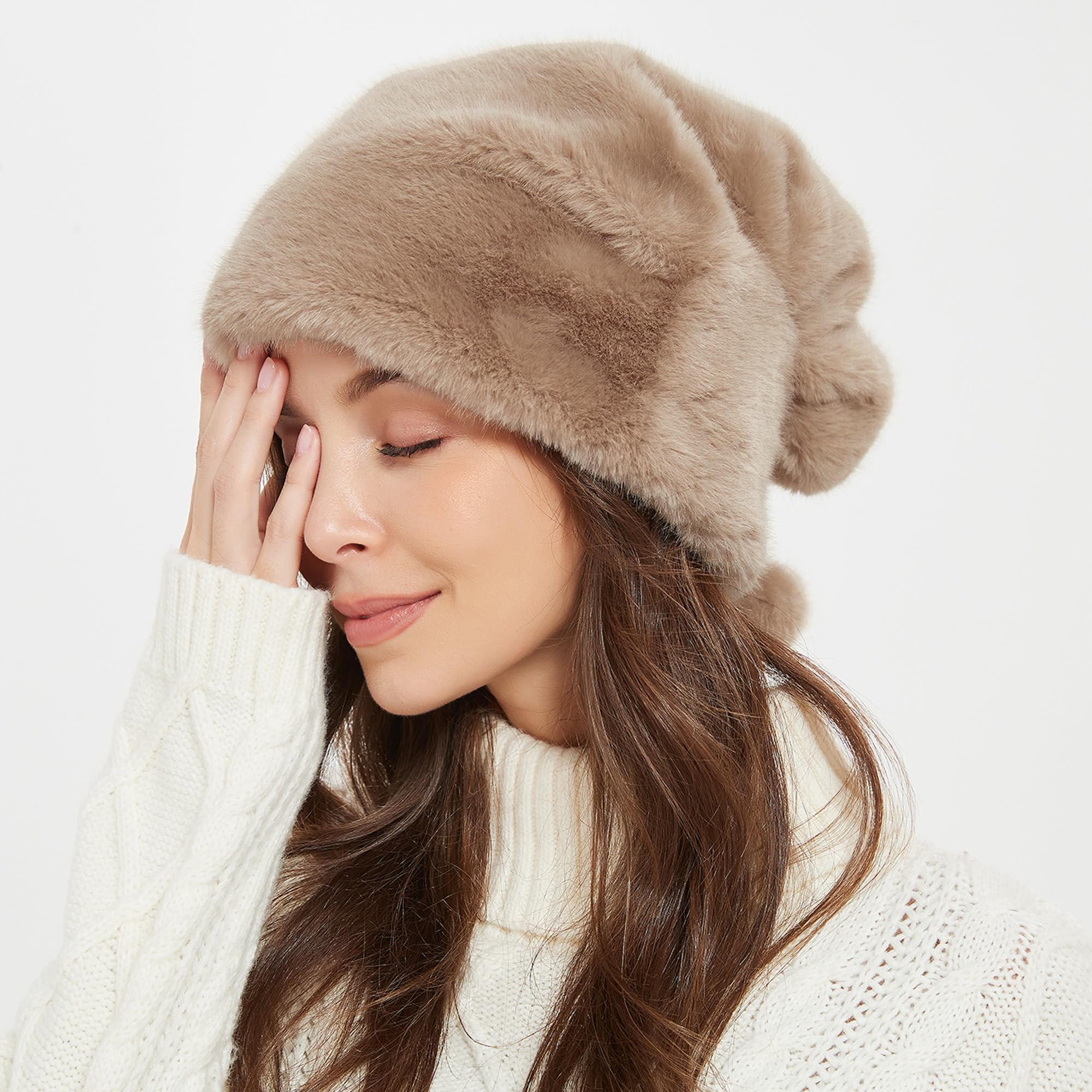 Women Faux Mink Fur Hat Santa hat Slouchy Beanie Chunky Baggy Hat Winter Fur Hat Warm Ski Cap