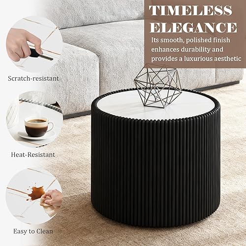 Miniatura 92 de Mesa auxiliar redonda moderna, mesa auxiliar de sofá de mármol sintético con base cubierta de cuero sintético en forma de cuenco, mesa auxiliar