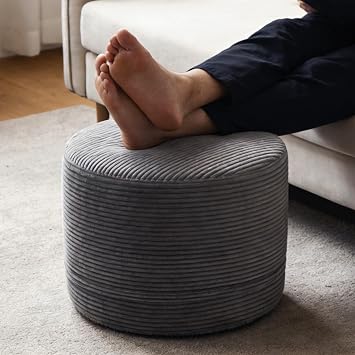 Thgonwid Round Ottoman Pouf, Plush Corduroy Foot Stool with High-Density Memory Foam, Footrest Side Table for Living Room Bedroom Home Decor, 17"x13", Deep Grey