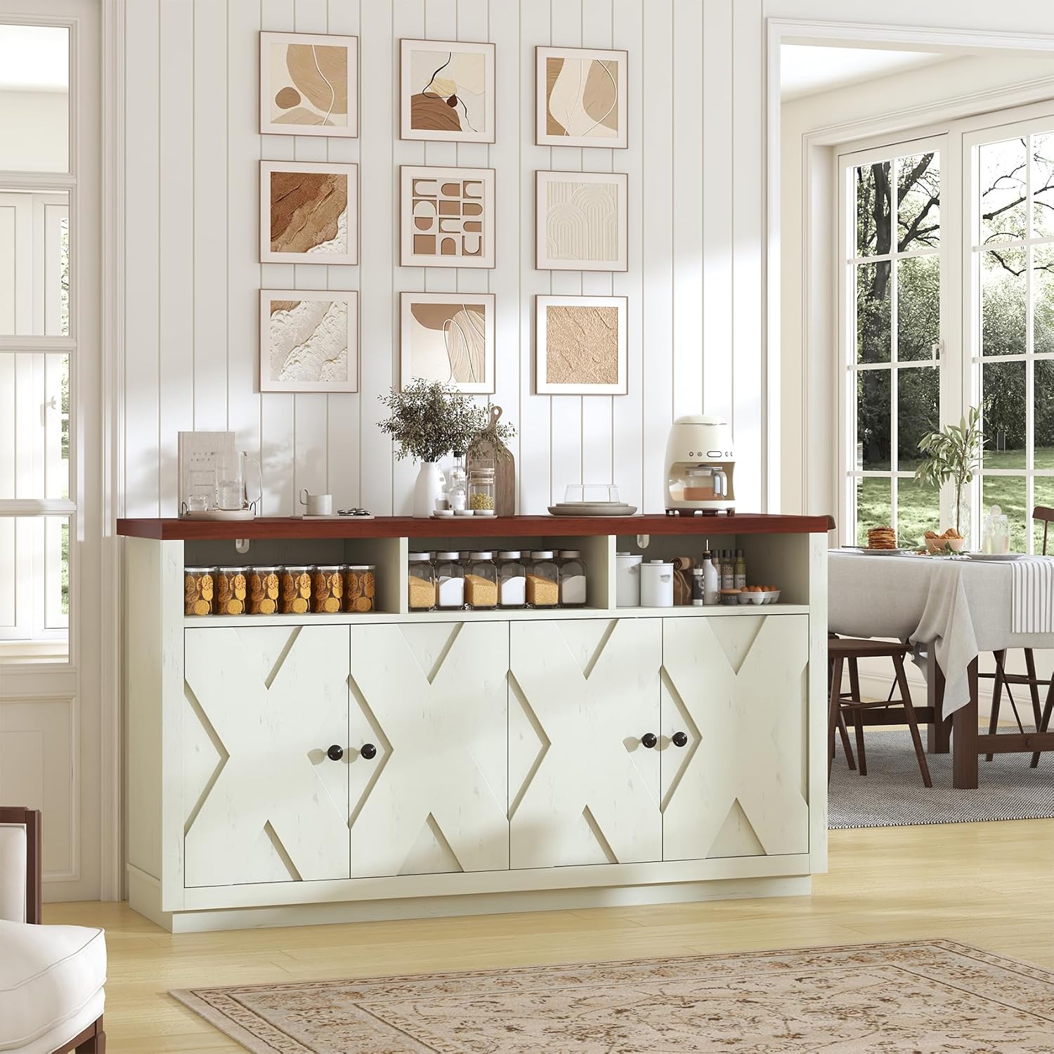 Bigbiglife Farmhouse Buffet Cabinet with Storage, Coffee Bar Cabinet with 3 Open Compartments, 59'' Large Kitchen Storage Cabinet Wood Coffee Bar Buffet Sideboard for Dining Room, Living Room