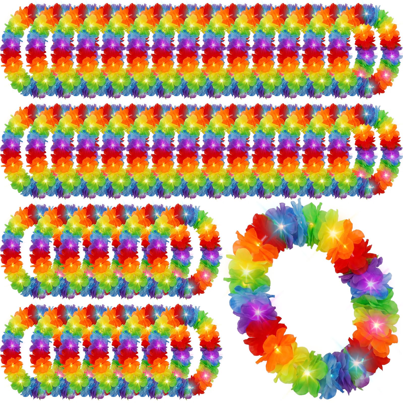 Sherr LED Hawaiian Leis Light Up Flower Leis Necklace Flower with LED Lights Luau Leis Flowers Necklaces for Masquerade Beach Wedding Tropical Themed Party