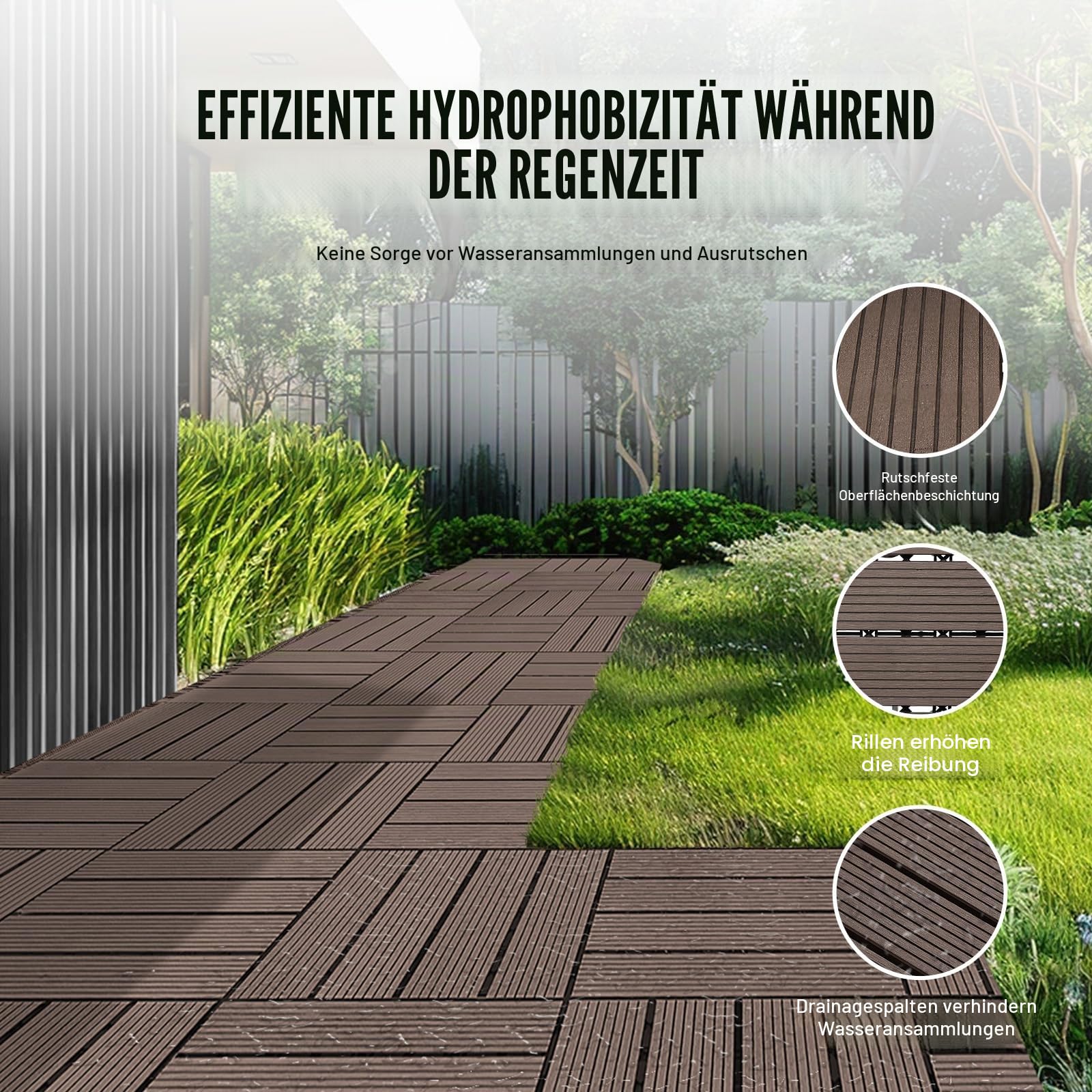VEVOR Terrassenfliesen, 27er-Set, Balkonfliesen 30x30cm, Klickfliesen, wasserdichter Kunststoff-Bodenbelag für den Außenbereich, Terrassenbodenbelag für Veranda, Pool, Balkon, Hinterhof, Dunkelbraun