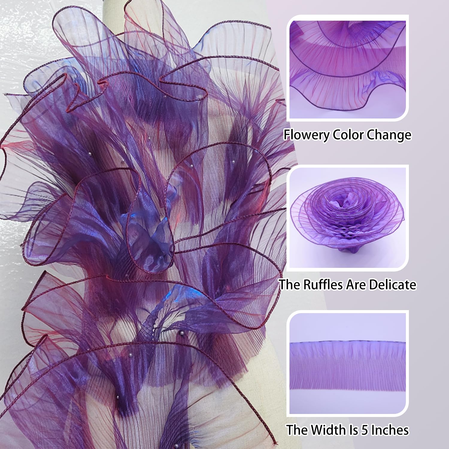 5 Yards Iridescent Ruffle Ribbon Pleated Chiffon Trim Dress Wedding Decoration Craft Sewing(Magic Rose Violet) - Image 2