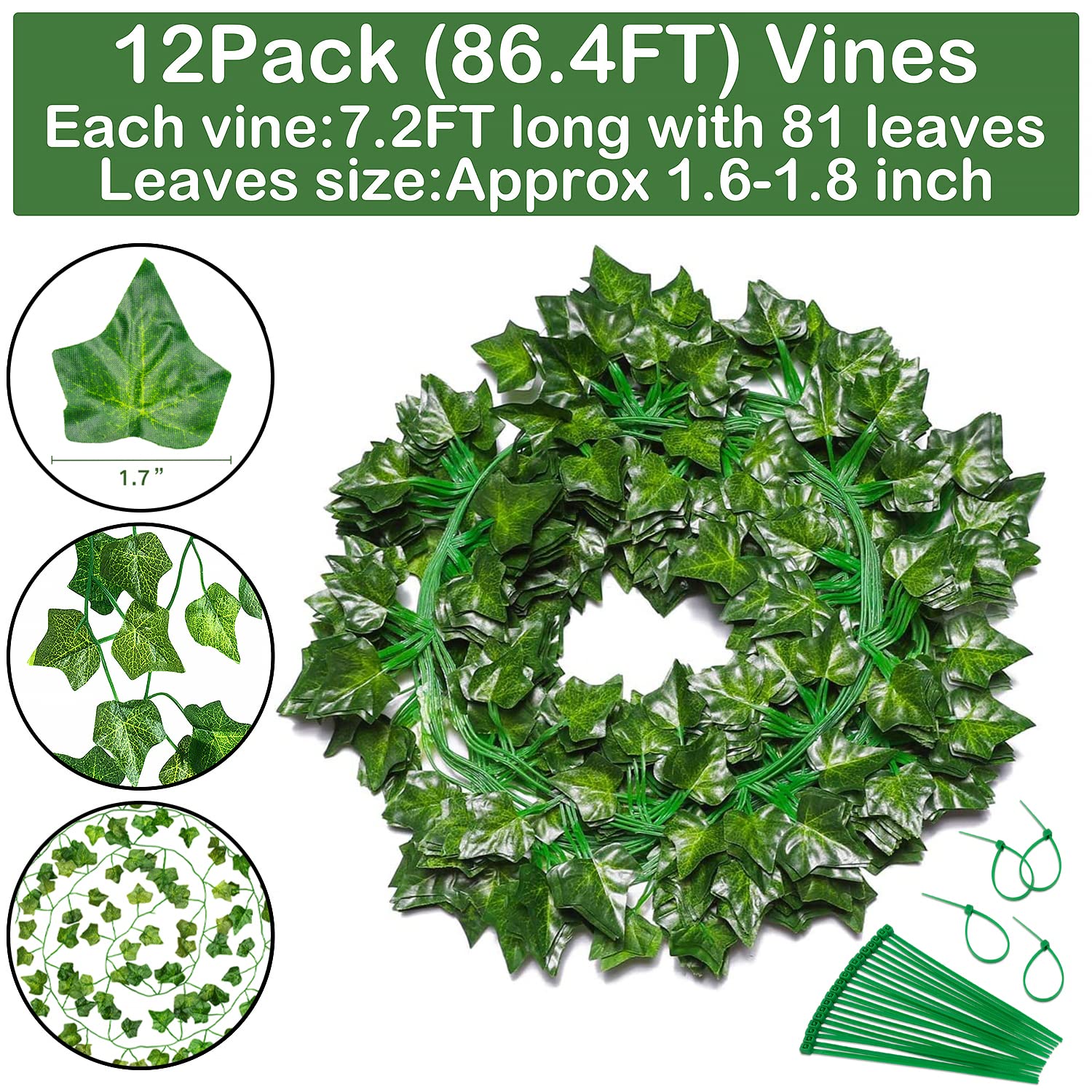 GPARK 24 Pack / 82 inch (Total 164 Feet), Artificial Ivy Garland Fake Leaf Plants Vine, Hanging Leaves Garlands for Wedding Party Garden Kitchen Outdoor Greenery Wall Decor Green