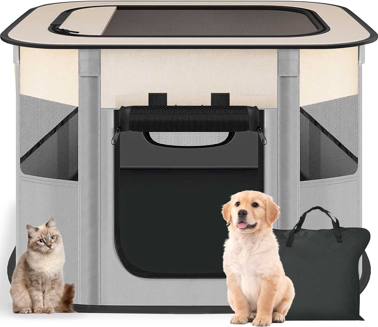 Foldable Playpen for Dog, Portable Dog Crates Pet Kennel Tent Fence, puppy playpen indoor and outdoor Travel Use Camping with a Carrying Case for Small or Medium Animals, Rabbits, Cat (Grey)