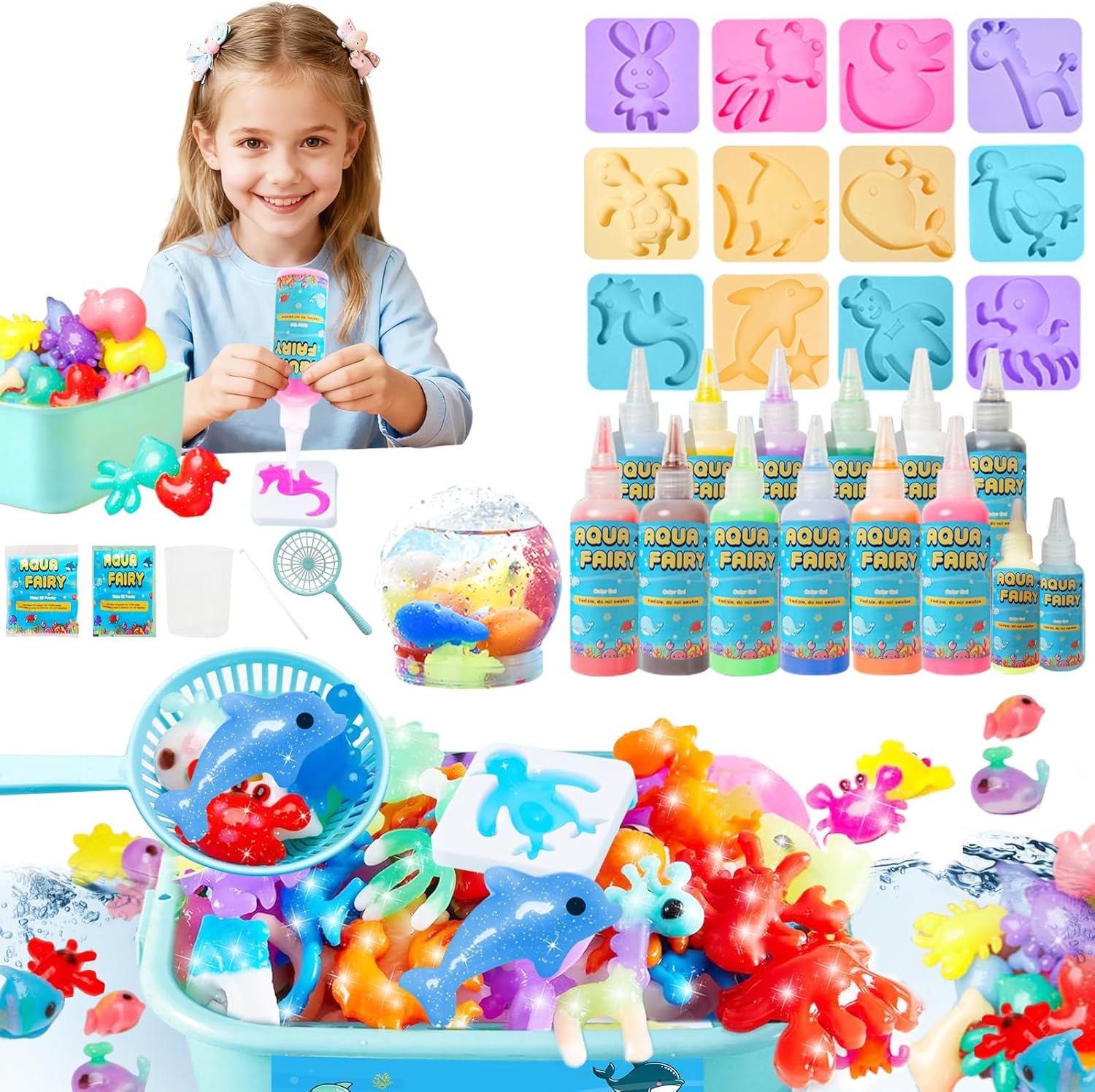 HAHONIA Aqua Fairy Water Gel Kit with 12 Colored Gel/2 Luminous Glue, Magic Water Elf Toy Kit for Kids with 12 Shape Molds/Terrarium