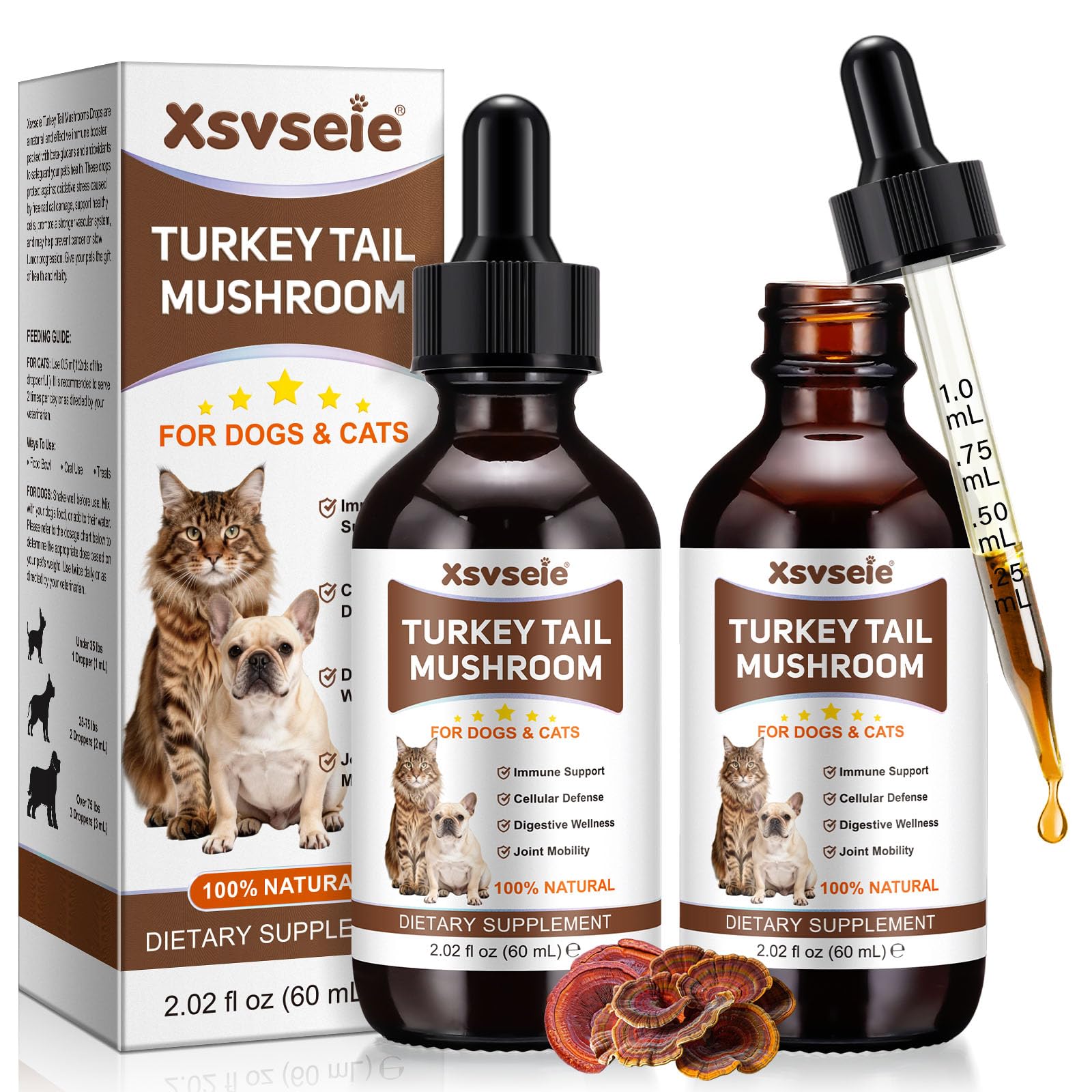 Turkey Tail Mushroom Drops for Dogs & Cats 120ml – 5 Mushroom Complex with Reishi, Maitake, Shiitake & Chaga – Immune Support, Digestive & Joint Health –Liquid Pet Supplement with Turmeric & Probiotic