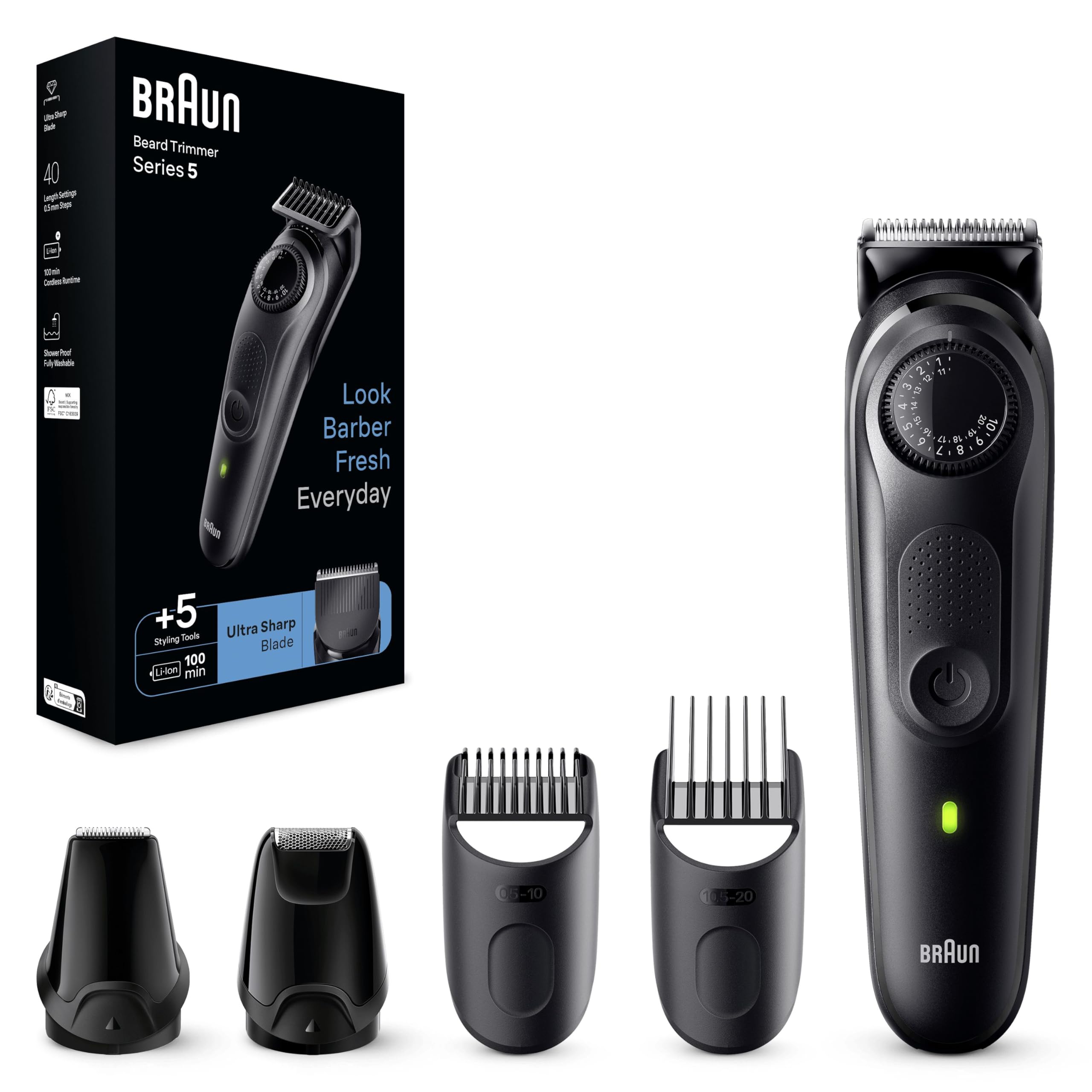 Braun Recortadora de Barba Series 5, Máquina Cortar Pelo, Máquina de afeitar, Cortapelos Hombre con 100 Min Autonomía, BT5430, Negro