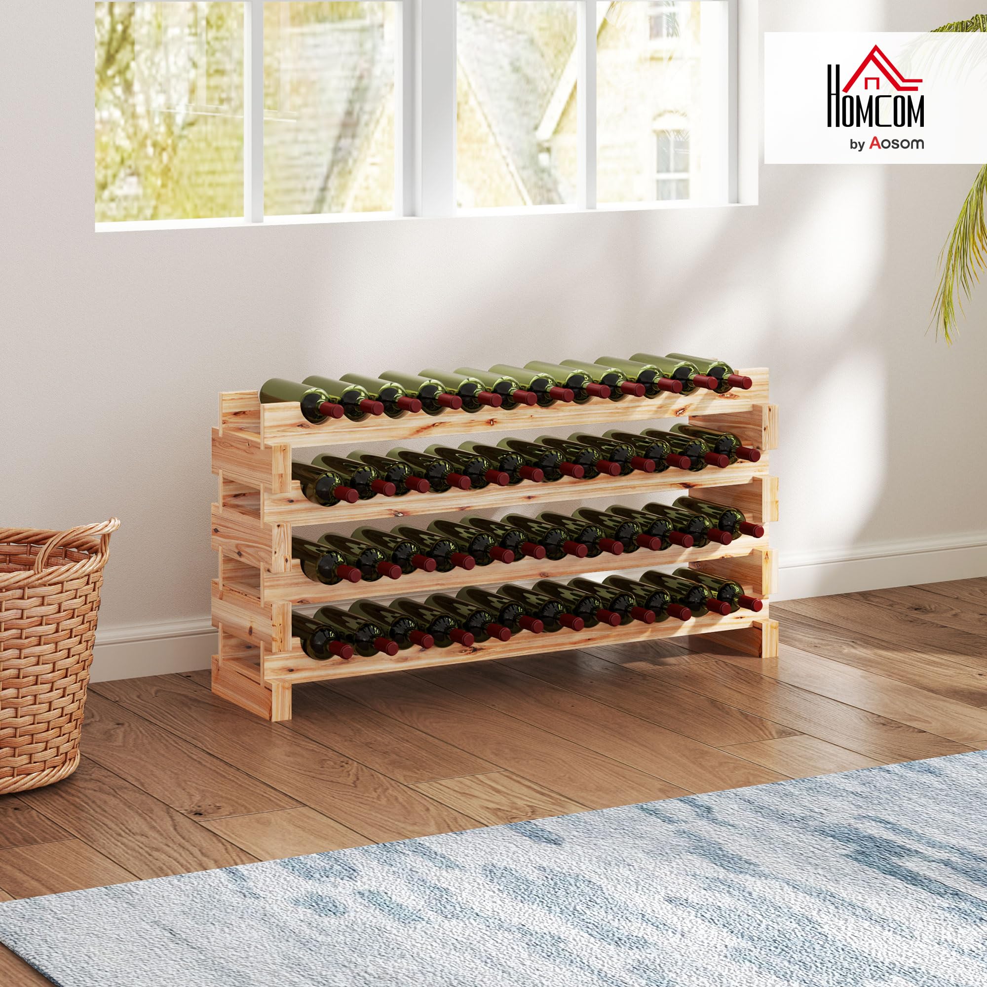 HOMCOM Scaffale Portabottiglie in Legno di Abete, Cantinetta Portabottiglie con 4 Ripiani per 48 Bottiglie e Peso Massimo 60 kg, 114x28x56.5 cm, Legno Naturale