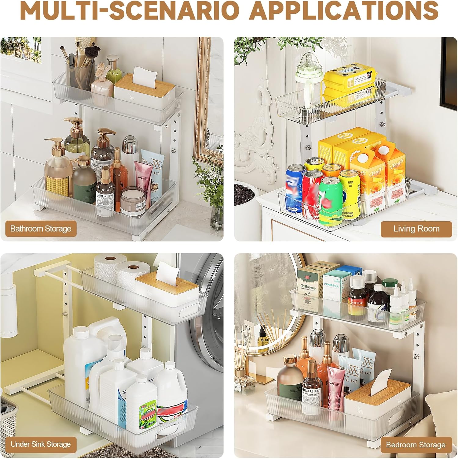 ETOYA Under Sink Organizer 2 Pack Pull Out Bathroom Cabinet Countertop Organizer 2 Tier Slide Out Kitchen Organizers and Storage Bathroom & Laundry Under Under Sink Shelf- White - Image 8