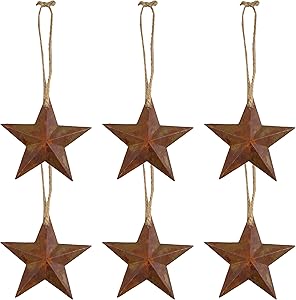 Rustic Metal Wall Hanging Star Country Patriotic Ornament, 5 1/2 Inch, Pack of 6