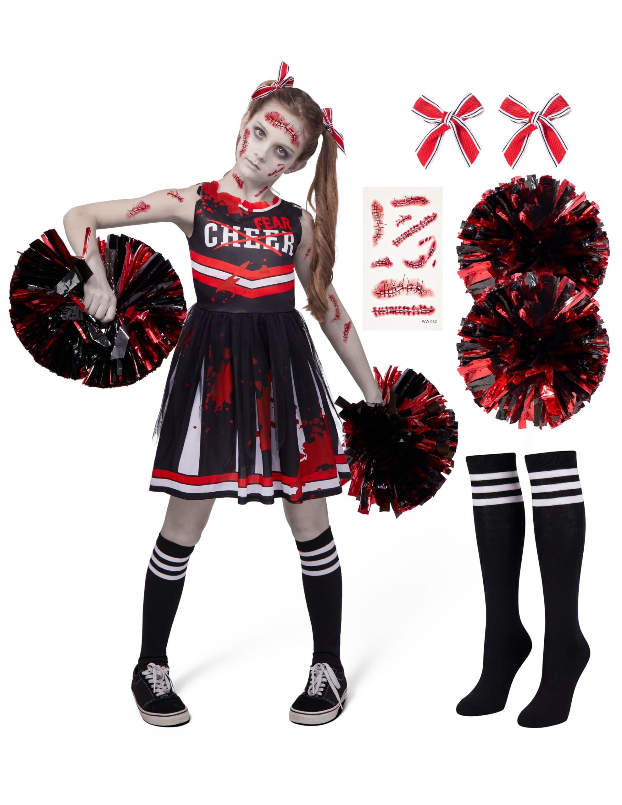 Spooktacular Creations Halloween Cheerleader Costume for Girls, Kids Zombie Cheerleader Outfit, Dead Fearleader Dress for Halloween Scary Costume Role Play Parties, Red Black, S