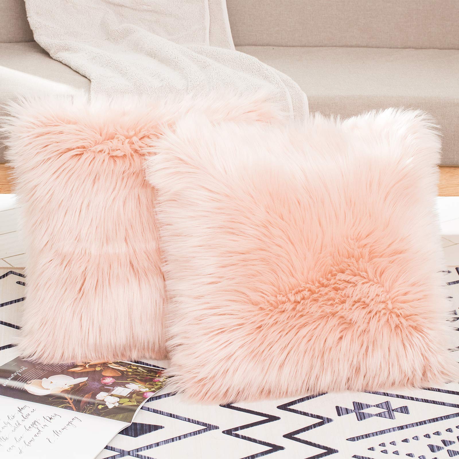 Suptinwear 2-Pack Fluffy Faux Fur Pillow Covers, Plush Shaggy Decorative Throw Pillowcases, Ultra Soft Luxury Cushion Covers for Bed, Couch, Chair, Pink, 18x18 Inches