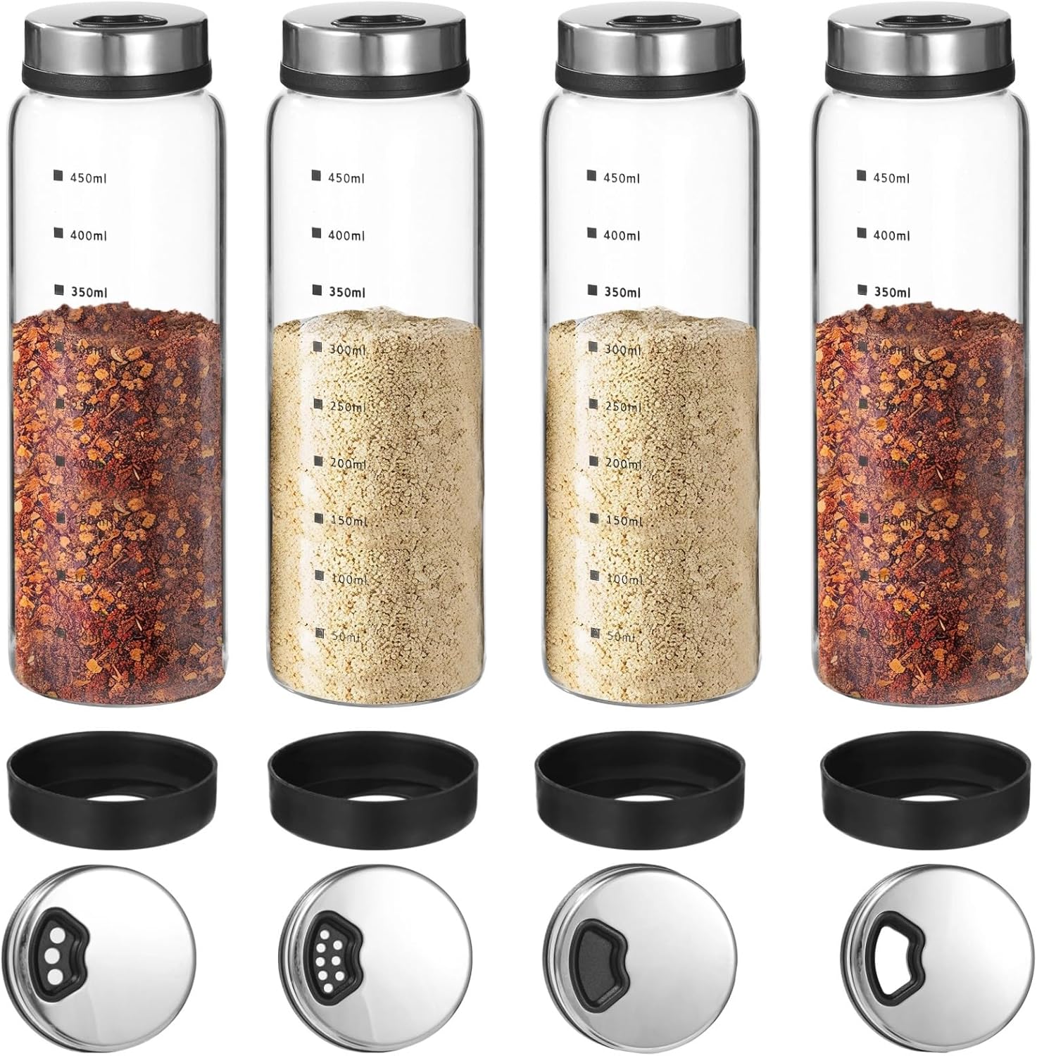 4 Pcs Spice Dispensers, 16.9 Oz Glass Salt and Pepper Shakers with Adjustable Pour, Kitchen Seasoning Jars with Rotating Steel Lids and Silicone Bases