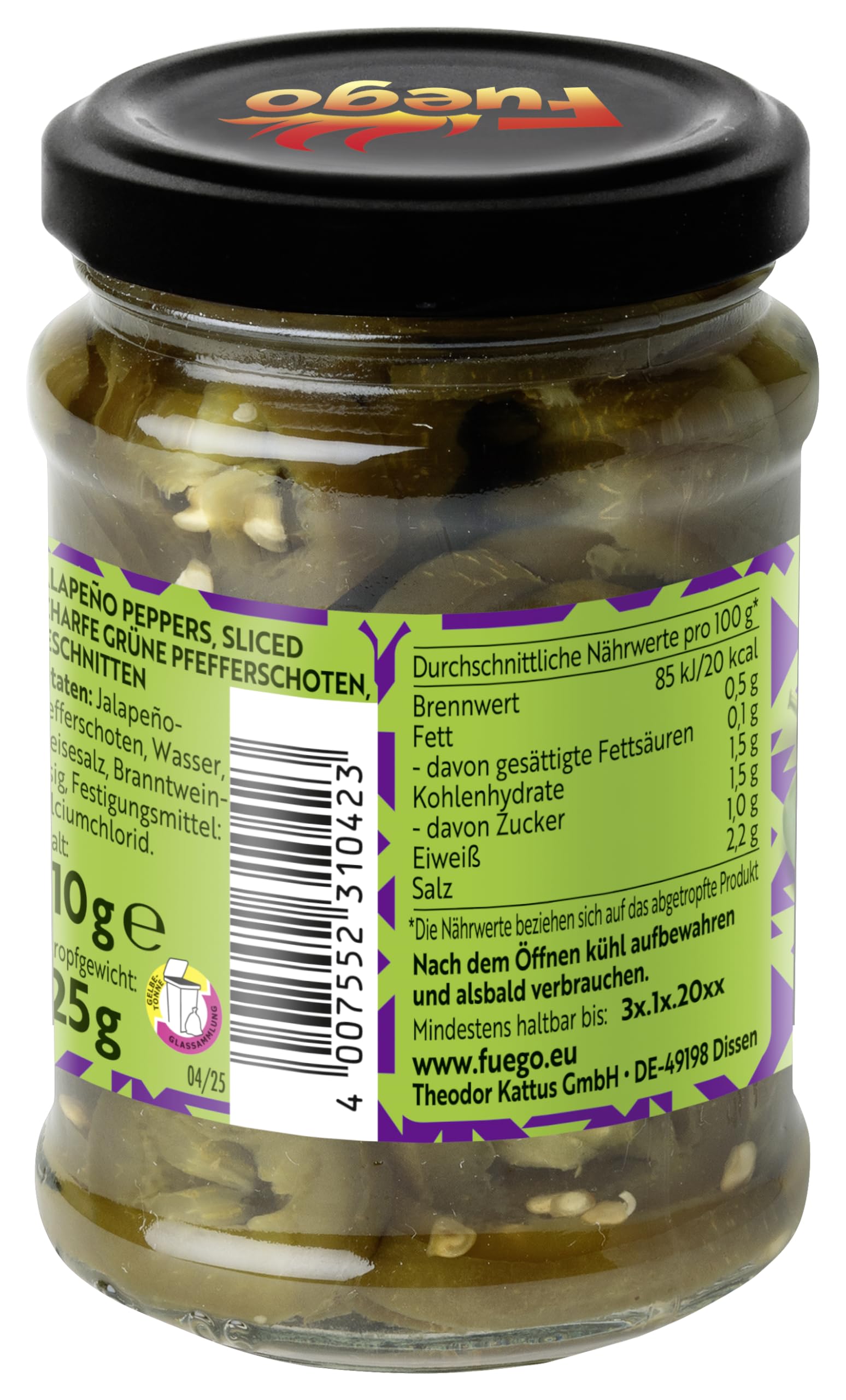 Fuego - Grüne Jalapeños geschnitten | 125 g (Abtropfgewicht) im Glas | Verleiht einer Vielzahl an Gerichten eine mexikanische Schärfe
