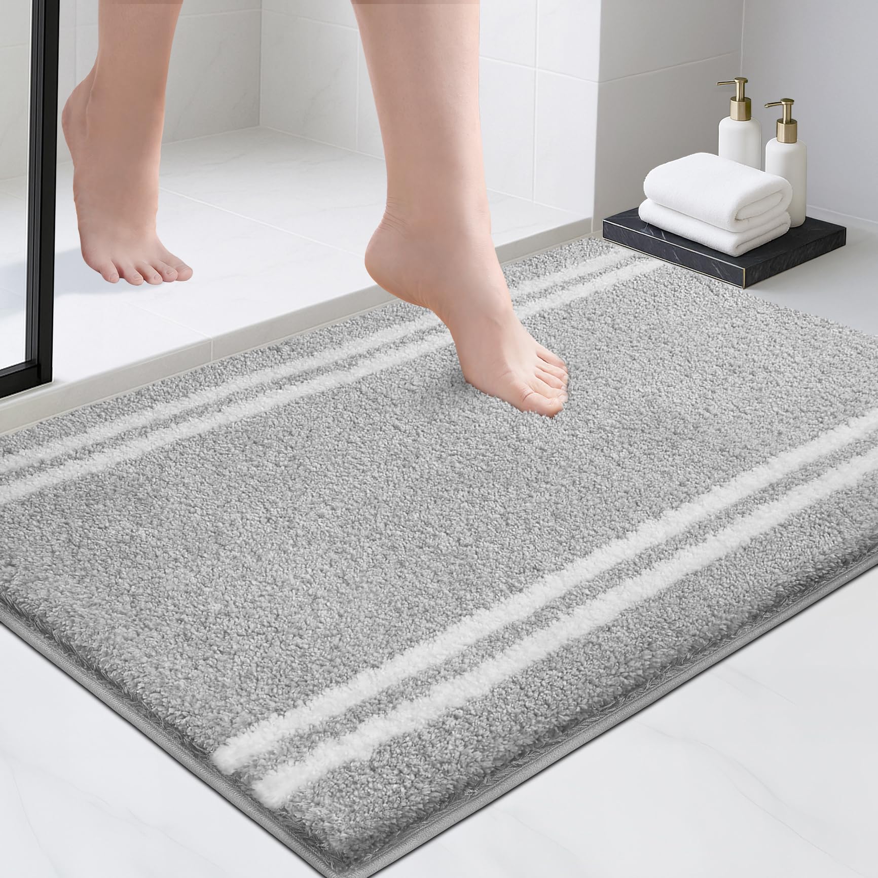 Tapis de salle de bain antidérapant microfibre absorbant lavable gris 61x91 cm