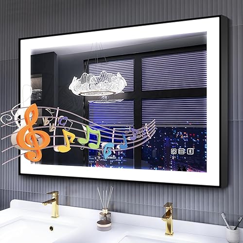 S·BAGNO - Espejo LED de baño de 39.4 x 27.6 pulgadas con marco negro, espejo LED para baño, altavoz Bluetooth integrado, brillo regulable, cambio de