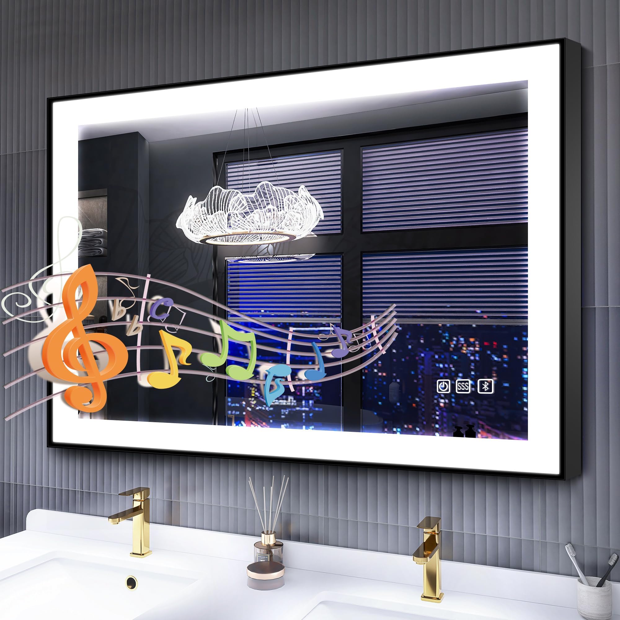 S·BAGNO 39.4x27.6 Inches LED Bathroom Mirror with Black Frame, Led Mirror for Bathroom, Built in Bluetooth Speaker, Dimmable Brightness, Color Changing, Anti-Fog, Horizontally/Vertically