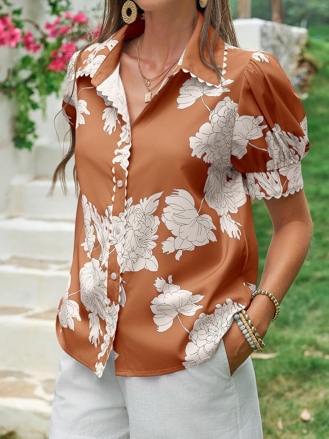 Cicy Bell Womens Puff Sleeve Button Down Shirts Floral Print Summer Casual Tops Boho Loose Fit Collared Blouse - Image 4