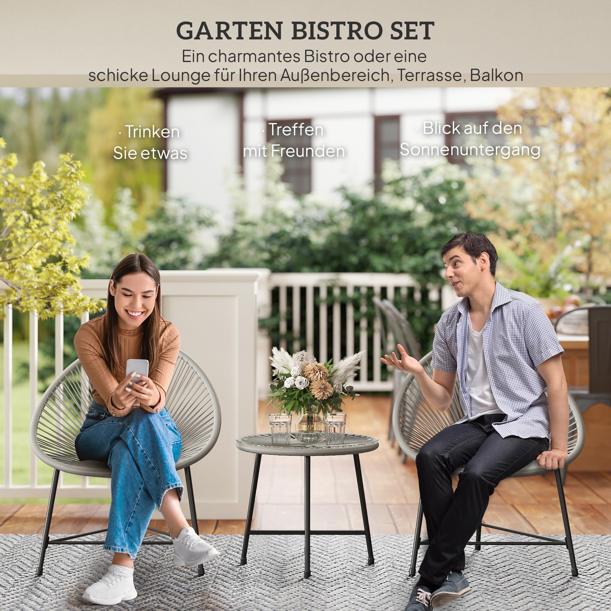 Outsunny Polyrattan Gartenmöbel Set, Outdoor Lounge Balkonmöbel für 2 Personen, 3-teilig Sitzgruppe mit 2 Stühle, Tisch, wetterfest Gartenlounge für Garten, Terrasse Balkon, Grau