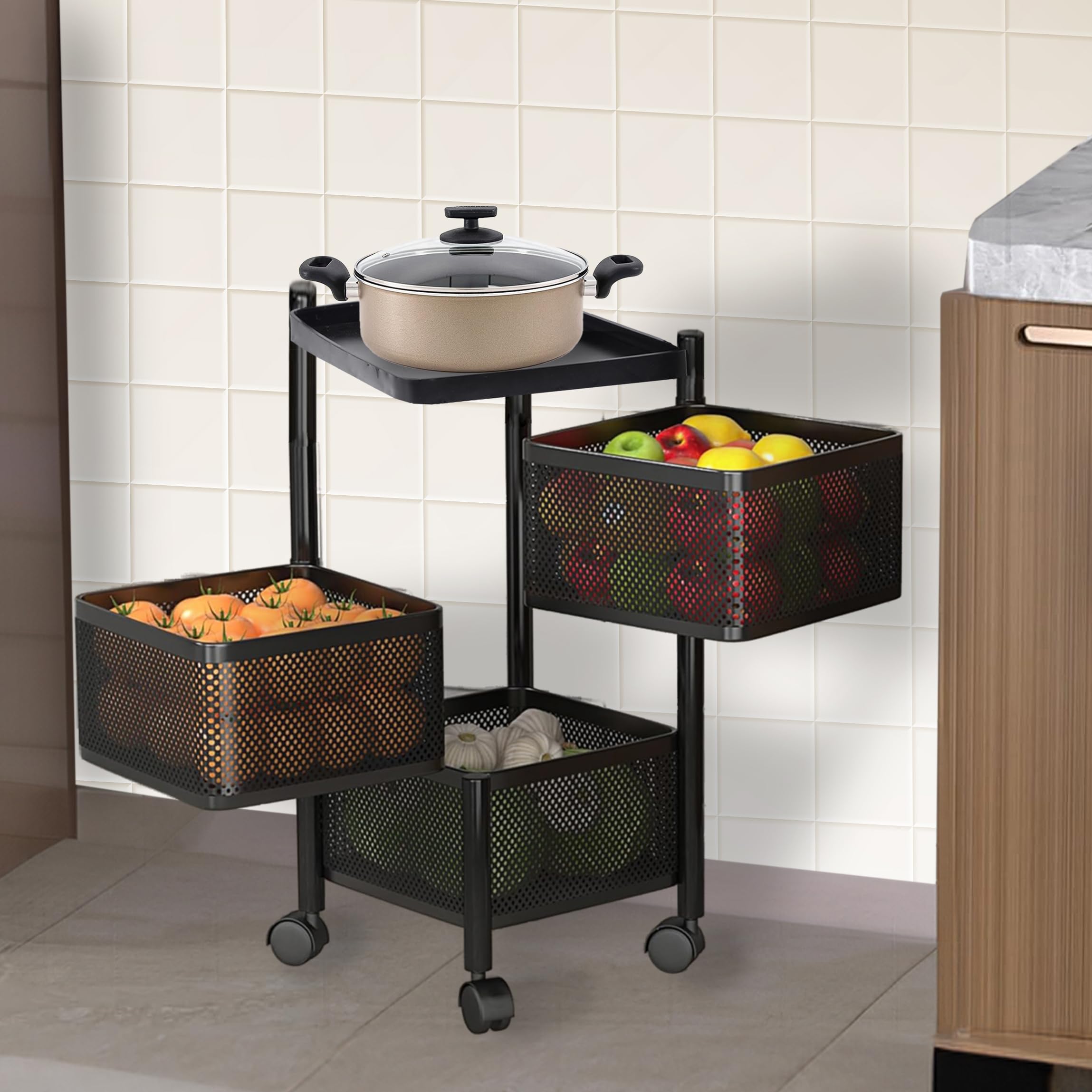 Kuber Industries Storage Rack | 3-Layer Square Multipurpose Storage Trolley with Wheels | Revolving Vegetable Kitchen Rack | Metal Fruit Storage Rack | Kitchen Cabinet Spice Rack | Black